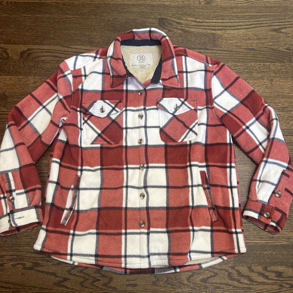 SAGE Shirt Jacket Womens L Red Plaid Button Up Sherpa Lined Barn Ranch Outdoor - Picture 1 of 5
